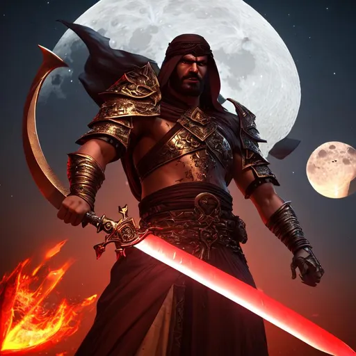 Prompt: 3D render of glowing fantasy, sword holding by an Arab man, angry face, blood thirsty, catting moon in half hyperrealistic, 8k, unreal engine render,


