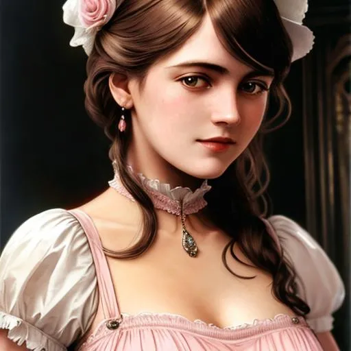 Prompt: Titanic 1st class passenger, stylish pink dress, 1912, facial closeup