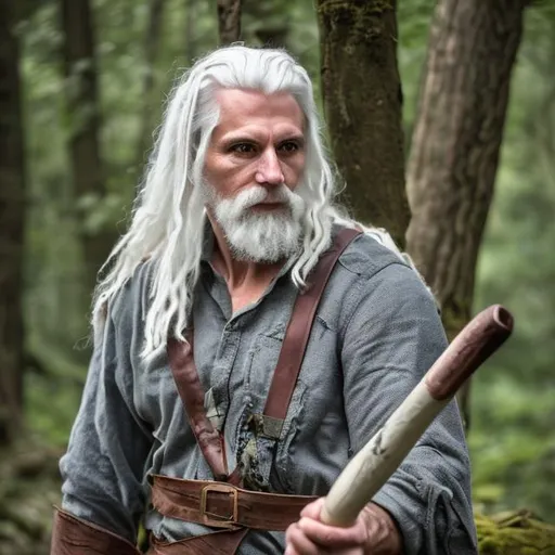 Prompt: white hair old forest survivor holding handcrafted polearm