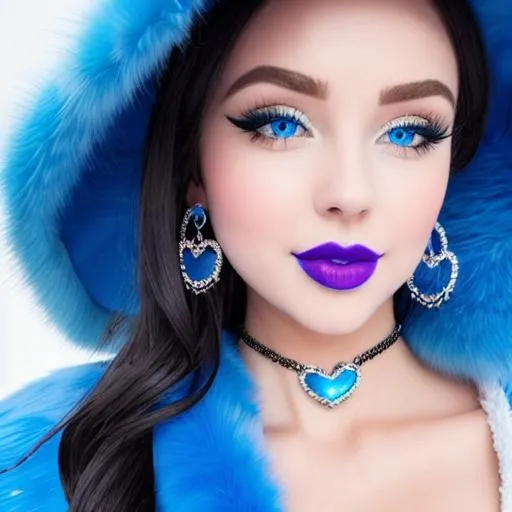 Prompt: Daisy Ridley, eating candy ice cream, blue lipstick, snowy beach, blue heart necklaces, Thick blue fur coat, Black Cape, pleasant face, blue eyes, Black-purple eyeshadow, long ice earrings. Cold color scheme, ultradetailed, 8k resolution, perfect, smooth, high quality, shiny. 