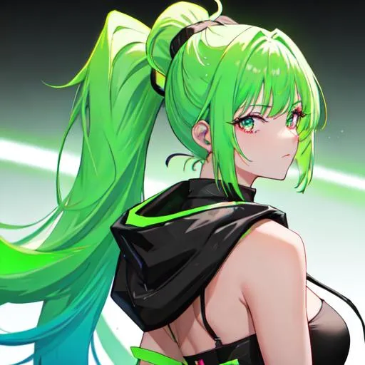 Prompt: She has a long, distinctive neon-green and neon red ponytail that comes out from behind her hood, and her bangs are dyed pink
