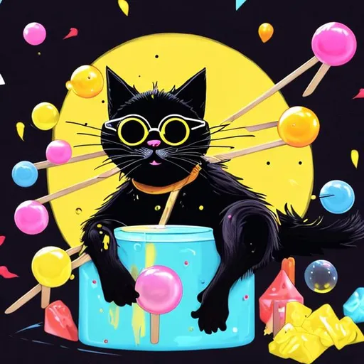 Prompt: a black cat eats a popsicle,the popsicle is the moon, soap bubbles fly around, the cat wears a yellow jacket,
80s, sunglasses, black backround
