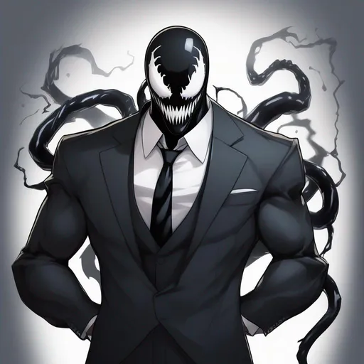 Prompt: Anime Style Venom Symbiote, wearing a black suit with white shirt and black tie.