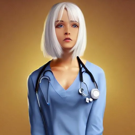 Prompt: cute girl medical professional, cute body,  white hair, blue eyes, fangs, designer clothes, hospital area, HDRI, smooth, sharp focus, illustration, golden ratio