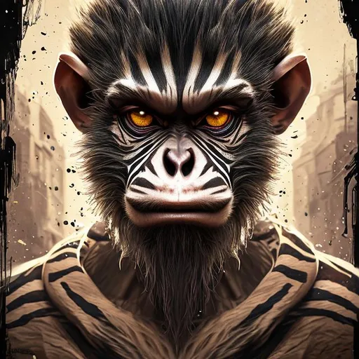 Prompt: zebra monkey humaniod king, brown eyes with beard, raging in game, symmetrical, perfect composition, hyperrealistic, super detailed, 8k, high quality, Splash art, front, epic Instagram, artstation, hyperdetailed intricately detailed, unreal engine, intricate detail, complementary colors, concept art, 8k, heavy strokes, full height, full body,