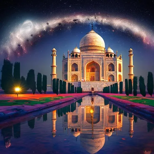 Prompt: taj mahal in moon night and stary 
