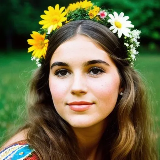 Prompt: A portrait of a 1960s hippie girl with flowers in her hair