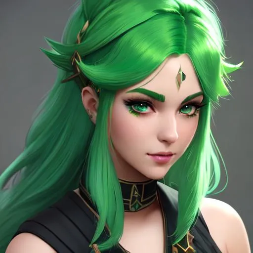 Prompt: (((masterpiece))), (((best quality))),a woman with green hair wearing a costume, concept art by senior character artist, deviantart contest winner, looking at viewer ,fantasy art, concept art, official art, polycount