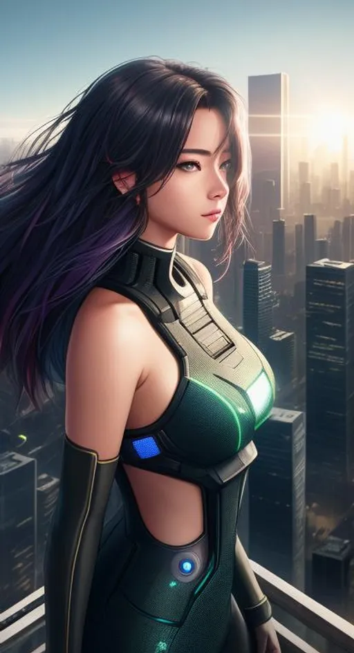 Prompt: Dystopian, High Detail RAW color Photo, Full Shot, (cute female), standing on an overlook, looking out at sprawling cyberpunk city skyline, perfect face, (highly detailed, fine details, intricate), (lens flare:0.5), (bloom:0.5), raytracing, specular lighting, shallow depth of field, 200mm lens, hard focus, smooth, cinematic film still