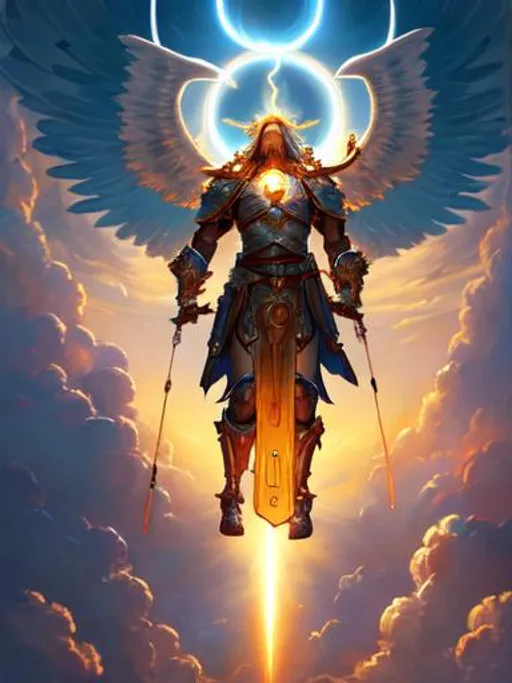 Prompt: heaven, clouds, sky, A god appearing before a paladin, very bright holy light, greg rutkowski, vibrant colors, full hd, high quality, 4k, trending on artstation, oil painting, symmetrical, intricate, highly detailed,whith 12 hight 12