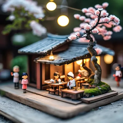 Prompt: tiny wooden outside cafe, tiny cherry blossom bonsai, tiny wooden people drinking, dining, dancing, string lights, dark night



