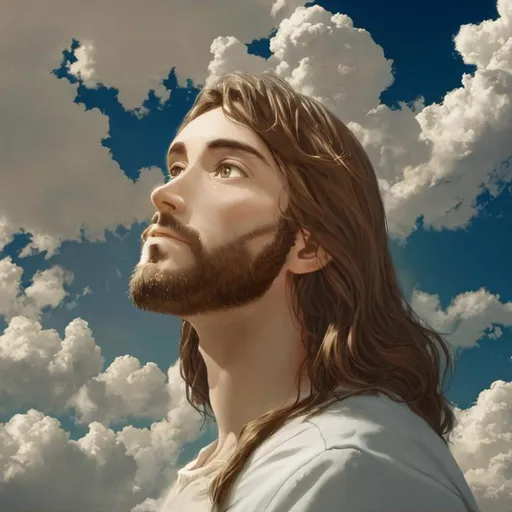 Prompt: Jesus  on the cloud  with people looking up