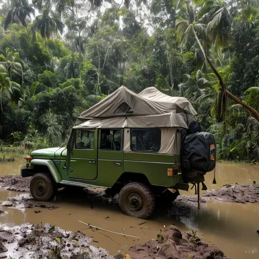 Prompt: jungle adventure through the mud in an old 1974 land cruiser with a basecamp in the background.