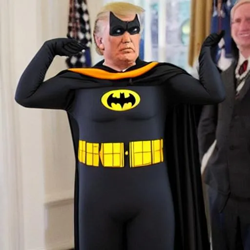 Prompt: Donald trump wearing Batman costume 