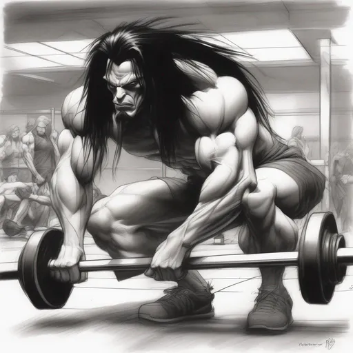 Prompt: a manecing skinny white guy with a long black hair at the gym drawing by simon bisley