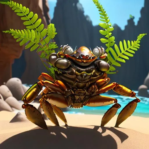 Prompt:  Metal shell crab character with two telescopic yellow eyes and iron tongs, Zahara, clouse-up,
 hyperrealistic, photorealistic, ultra-detailed, intricate details, unreal engine, octane render, bioma of sand, cavern in the sand   and amazing landscape ,rocks and gigant green fern, 4k. A vine covered tutor in the style of alexander jansson and gediminas pranckevicius mystical, magical, bloosom, volumetric lighting.