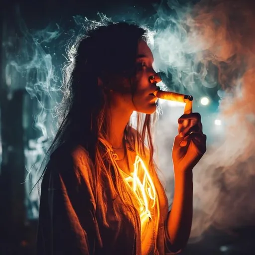 Prompt: woman really messy long hair drinking and smoking in dark night city dark vibes glowing smoke