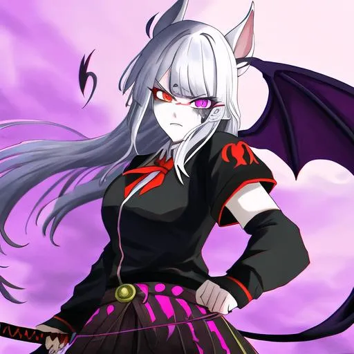 Prompt: Haley  as a demon (multi-color hair) (multi-color eyes)(she has horse ears) holding a katana, fighting, in a gunfight, bullets flying, fighting in a rural area, angry, (demon tail), (demon wings), lunging at the center