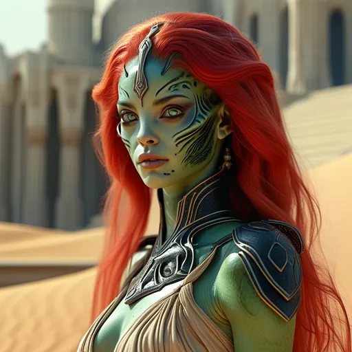 Prompt: 185 cm, 80 kg, a beautifull hybrid of an earth and alien woman,  light green skin, flowing blonde red hair, and large full black eyes, in , standing confidently on arakis , dune planet, adding luxury begetation, imperial palace, realistic , highly detailed, sharp focus, realistic, imperial dressed