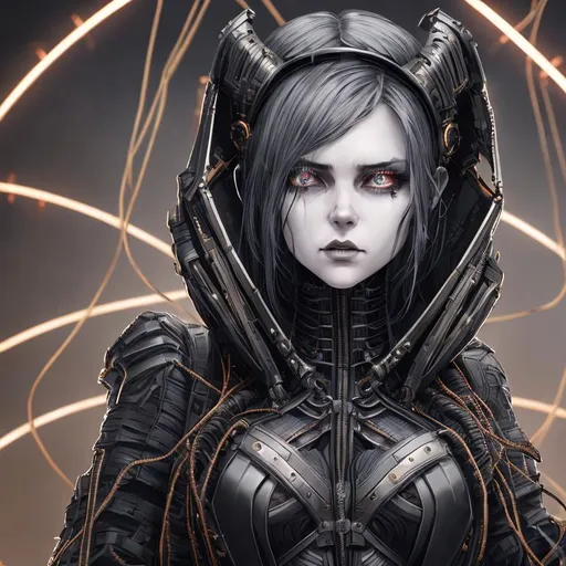 Prompt: (delightful anatomy:1.1), (gloomy human female, metal ribs, illumination, insane, stunning, dramatic, completed artwork, HQ:1.1), (Dan mumford style:1.2) (full length portrait) of Technomancer wearing black trench coat| wearing cybernetic headgear| cable wires wrapped around arms| detailed face| symmetrical features| cyberpunk background with neon lights| 2077| biopunk| <lora:openjourneyLora_v1:1>, <lora:epiNoiseoffset_v2:1>, 16k, UHD, HDR10, 16K, ((Masterpiece)) , Absurdres