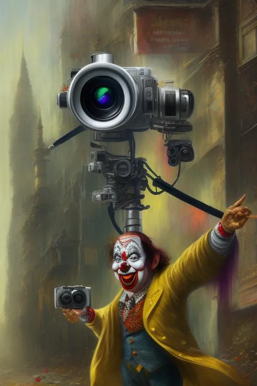 Prompt: Ugly smiling clown holding big photographic camera.  Standing on the street. Peple walking. Scarry. hyper detailed, trending on artstation, beautiful, radiant, ralph steadman, oil on canvas, beksinski, yellow and green