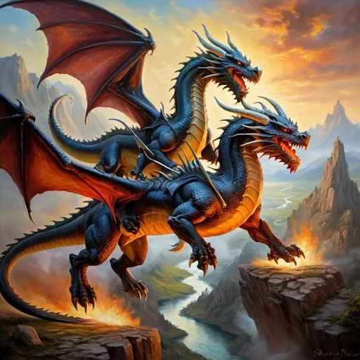 Prompt: opposing dragon armies in arial combat, knights mounted on dragons in armor with spears , fierce expressions, mythical landscapes, high fantasy, Dragon riders, Chivalric Knights, in realistic oil painting, flying through the sky in combat, majestic dragons  mythical landscapes, high fantasy, oil painting, vibrant colors, epic scale, detailed armor, stunning face, atmospheric lighting, professional, highres, fantasy, oil painting, ethereal, fierce expression, varied colors, high fantasy