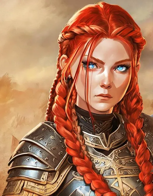 Prompt: Digital art, woman viking, red hair, cornrow braids, blue eyes, black gear, black armor