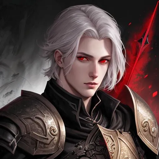 Prompt: Male Aasimar, Paladin, dark clothing, red eyes, dnd portrait
