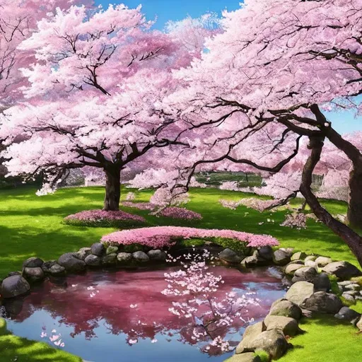 Prompt: Create a serene and tranquil scene featuring a cherry blossom tree in full bloom, with delicate pink petals cascading down to the ground. The tree should be situated in a peaceful and idyllic setting, such as a tranquil pond or a grassy meadow. Include elements of nature, such as a gentle breeze rustling the leaves or birds chirping in the background, to enhance the sense of calmness and tranquility. Use soft and pastel colors, such as pale pinks and soft greens, to give the image a soothing and peaceful feel.