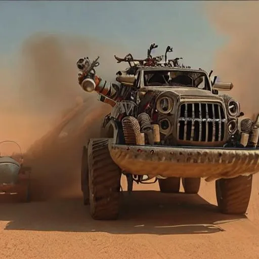 Prompt: mad max fury road zeppelin dust storm battle fire mech warrior