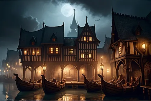 Prompt: Warhammer fantasy rpg style medieval boats in docks by night, mist, eerie atmosphere, cloudy sky, medieval street lights