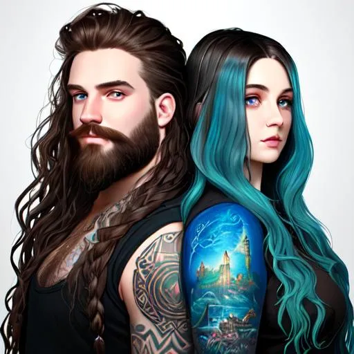 Prompt: fantasy oil painting ((heavyweight man and heavyweight woman couple)), (((long brown wavy hair for man))), (((long blue wavy hair for woman))), (((woman's eyes are brown))), (((man's eyes are green))), (((woman has pale skin and round face))), {man has round face and scruffy beard}, tattoos, cyberpunk surreal, Disney, pixar, ((rainbow)), cosmos, space, bubbles, illustration, neon, high detail, intricate, elegant, by Jeremy Mann, artgerm, Rutkowski, and other illustrators, intricate details, face, full body portrait, headshot, illustration, UHD, 4K