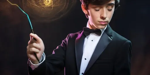 Prompt:  13-15 year old magic boy in a tuxedo casting magic spells  with a magic wand