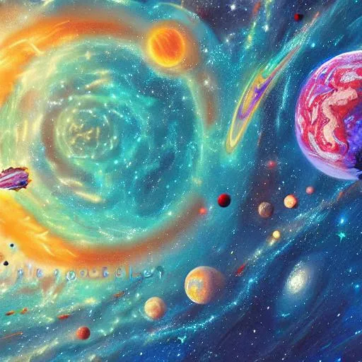 Prompt: Digital art epic perspective background or wallpaper art, brightly colored galaxies, planets, sun, moons and stars, Street art,  background art. Epic perspective ultra detailed digital art