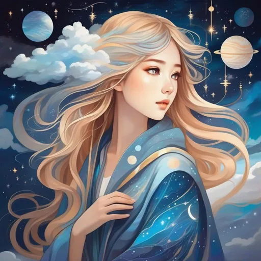 Prompt: Design an anime artist who specializes in creating dreamlike murals that transport viewers to otherworldly realms. She wears a flowing cloak with patterns reminiscent of shifting clouds and constellations. Her hair cascades like a waterfall, and her eyes have a distant, dreamy gaze. The illustration should depict her painting a mural on a wall, where the scenes she paints blend seamlessly into a dreamscape that defies the boundaries of reality.

