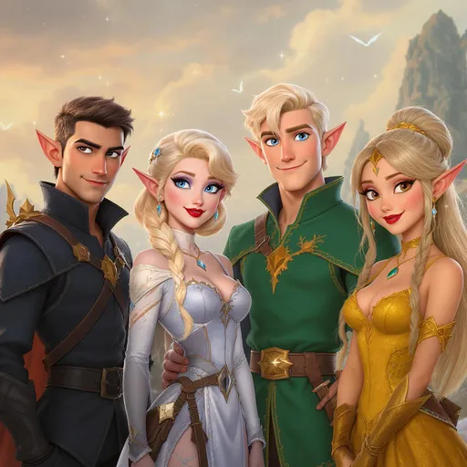 Prompt: Four people: Ravon, Sylphi, Kresnel & Naiada.  They are members of the magical FairFolk.  Each have their own clothing colour palette, Ravon - Black, Sylphi - White, Kresnel - Emerald, Naiada - Amber.  Ravon (male), short hair, fun but with a serious edge, but a twinkle in his eye. Sylphi (female) is blonde, blue eye shadow, with an image crossed between Agnetha from Abba and Marilyn Monroe, and is fun and more carefree.  Kresnel (male) is cheeky, a huge heart but always willing to prank his fellow FairFolk, twinkle in his eye. Naiada (female) has slight tomboy tendancies, latine image, fun, but practical.  All magical. Disney 3D Style Characters
