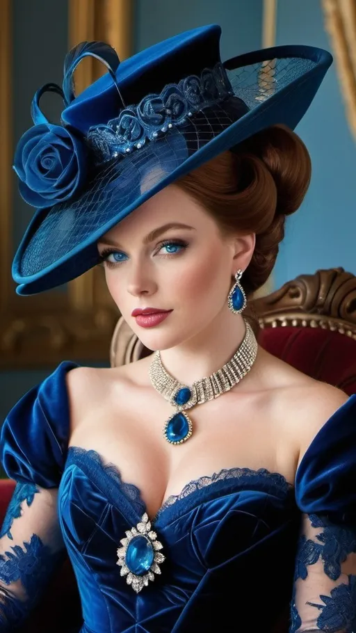 Prompt: Beautiful woman with blue eyes & Auburn hair, blue jewelry, intricate oval face, elegant & elaborate formal dress with velvet and lace detailing, blue milliner's hat, fair skin, upturned nose, full bosomy figure, blue high heels, sitting for a portrait, 8k, detailed, elegant, formal attire, intricate details, portrait, blue eyes, auburn hair, blue jewelry, velvet and lace, milliner's hat, fair skin, upturned nose, full figure, high heels, high resolution