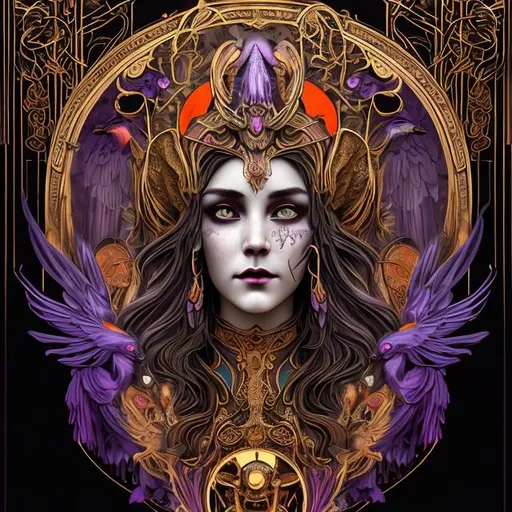 Prompt: art Nouveau + eckopunk style photo picture with beautiful goddess of life and death head that has golden black orange and purple crest on forehead and colorful Calibri birds in back ground, cinematic, ultra realistic, super detailed, digital art
