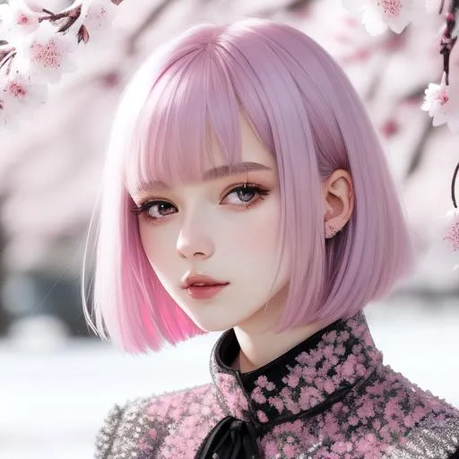 Prompt: 18 years old cute and beautiful girl, hi res, photography, realistic, high details, facial details, messy stray hair bob fringe pink and silver, slim body, f-cup size, kneeling down in snowry winter cherry blossoms, hyperdetail, 4k, 8k, sunny day, pastel soild and sharp colour