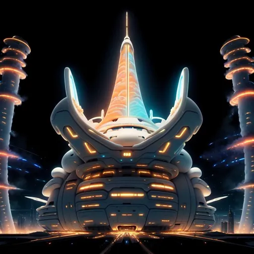 Prompt: close up, paint strokes, artsy big white fat mothership. w a beam in a top of a small city, render, realistic, landscape, with a halo", glowing, silky, furry, backlit, warm tones, night-sky, moss, indigo, cream, coral, bone-white, ornate, dynamic, particulate, intricate, elegant, highly detailed, airbrush, volumetric lighting, occlusion, smooth, sharp focus, 128K UHD octane render, w more detail, ultra realistic, insane detail, cinematic