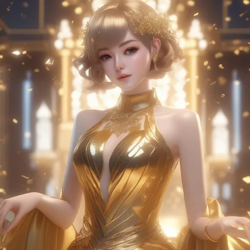 Prompt: 3d anime woman gold short hair hair and gold dress dress gold glitter pale skin deity getting a haircut and beautiful pretty art 4k full HD