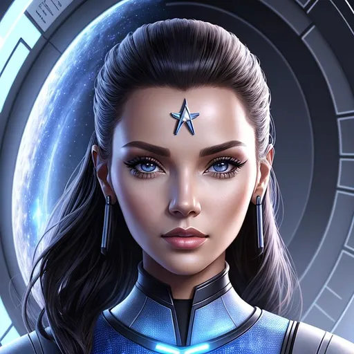 Prompt: anthropomorphized "Star Trek", wearing an outfit inspired by "Star Trek", she is making eye contact, full body, detailed symmetrical face, detailed real skin textures, highly detailed, digital painting , HD quality, 