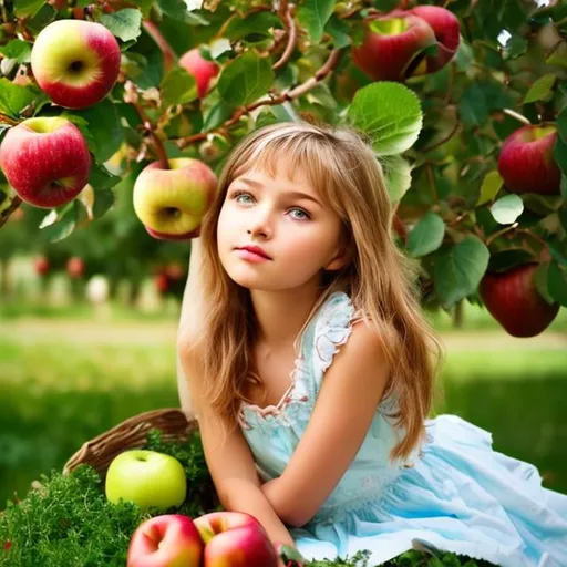 Prompt: beautiful young girl sitting under a tree apple and the tree has roses as well as green and red apples

