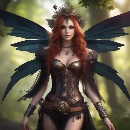 Prompt:  Shes a Steam Punk, gothic witch.  distinct Winged fairy, with a skimpy, ((colorful)), gossamer, flowing outfit, standing in a forest by a village. ((Wide angle)),  Detailed Illustration. 4k, 8k.  Full body in shot. Hyper realistic painting. Photo real. A ((beautiful)), shapely woman with anatomically correct hands, and ((vivid)) colorful, ((bright)) eyes. A distinct  Halloween night. Concept art. Matte painting. ((Epic)). ((Cinematic))
