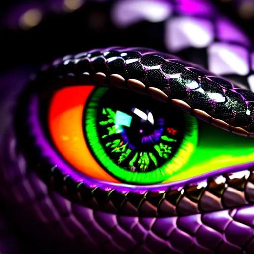 Prompt: a face shot of a twelve-foot snake with black and green markings and red eyes purple aura and a dragon-like face, very glossy and shiny, reflective, perfect composition, hyperrealistic, super detailed, 8k, high quality, trending art, trending on artstation, sharp focus, studio photo, intricate details, highly detailed, Trending on Artstation, Cozy wallpaper, Pastel colors, soft lighting