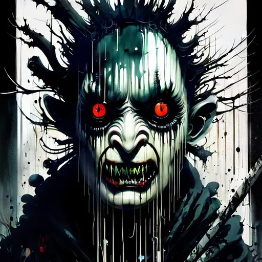 Prompt: "babadook", negative black and white Speedpaint with large brush strokes by , Junji Ito, Ismail Inceoglu, , Gazelli, M.W. Kaluta, richard anderson, paint splatter, white ink, a masterpiece, 8k resolution, trending on artstation, horror, terrifying, highly detailed and intricate