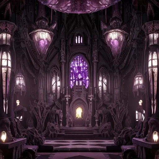 Prompt: gigeresque monster's mouth church interior, desaturated purples, meat and bones, crystal hanging lamps, high detail filigree pillars