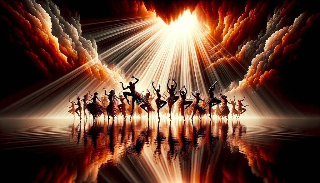 Prompt: 16:9 render that captures dancers, their movements echoing African traditions, presented in a captivating black and orange palette. The scene is illuminated by sunrays, resulting in shimmering reflections on water surfaces. The artwork combines elements reminiscent of renowned artists with a primary focus on red and amber tones, evoking a sense of warmth and passion.