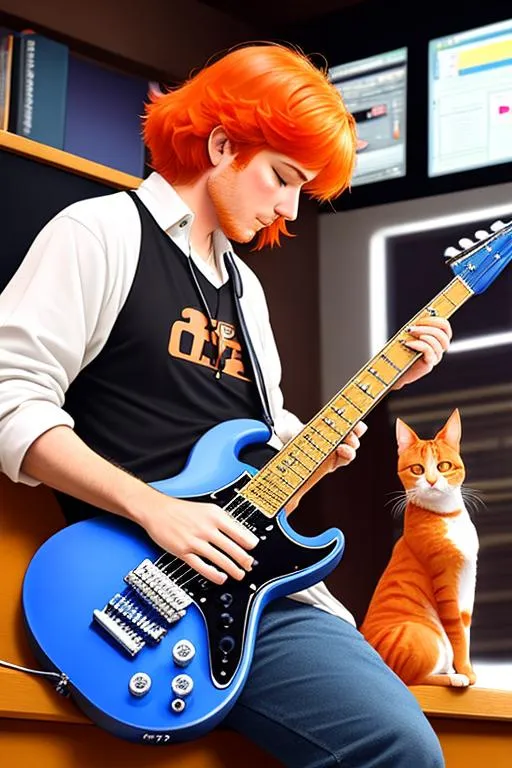 Prompt: Create a lofi girl image with an orange cat but use a 35 year old red headed man with a medium build making beats on his computer but also playing a Paul reed smith silver sky guitar and enjoying a doctor pepper. 