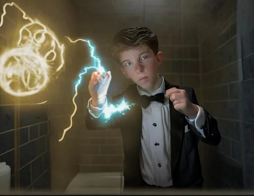 Prompt: 13 year old boy in a tuxedo casting a crazy magic spell from the outside of a bathroom stall with his magic wand, but the spell he cast happens on the inside of the bathroom stall because he cast the spell on the person inside who is warring a T shirt 
